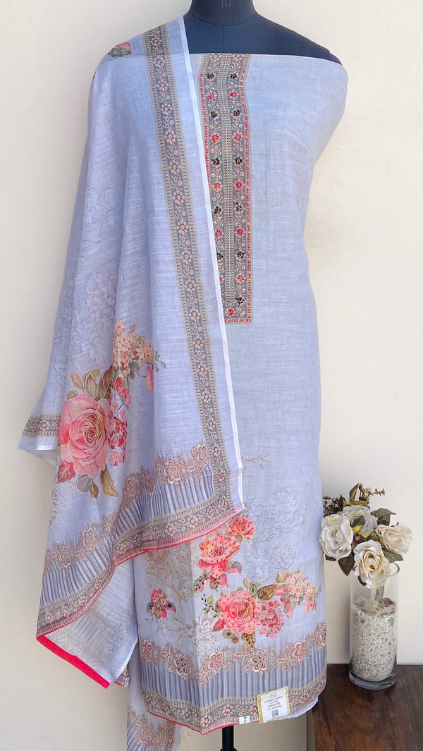 Designer Embroidered Suit Length 3 Piece Gray Linen With Sequence Work