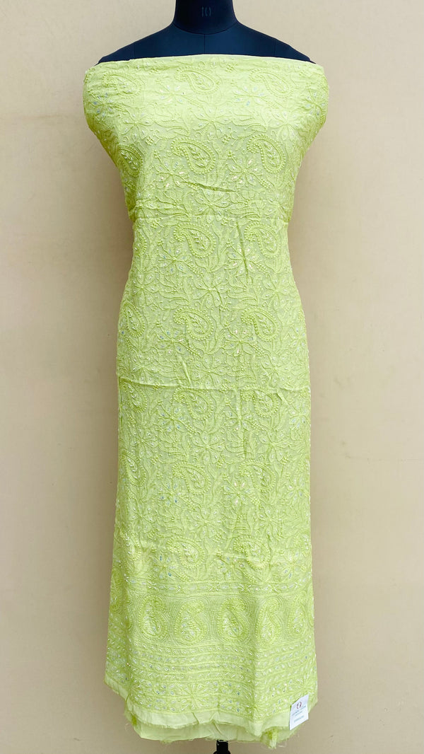 Lucknowi Chikankari Kurta Length 2 Piece Parrot Green Muslin With Pearl & Sequence Work