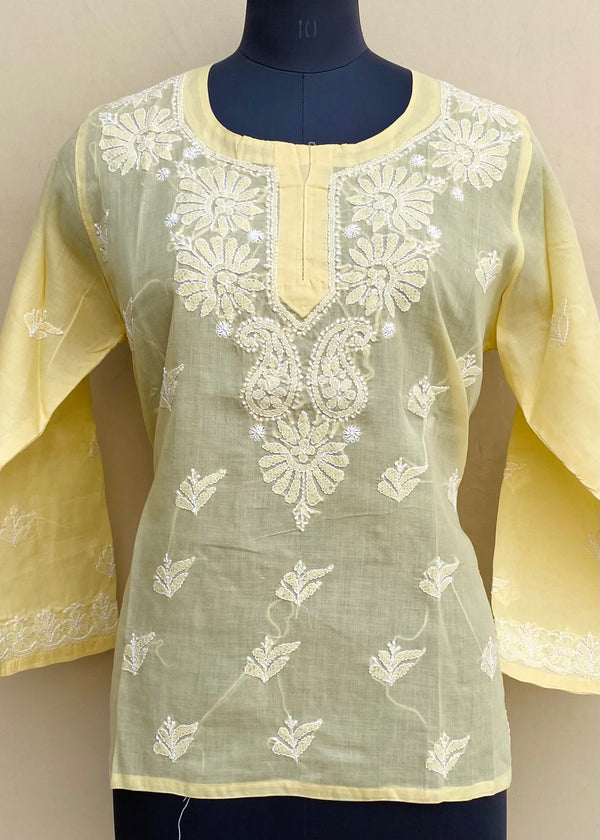 Lucknowi Chikankari Short Kurti Yellow Cotton