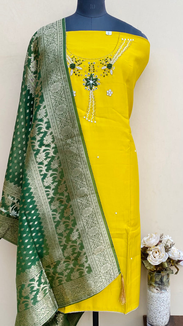 Designer Embroidered Suit Length 3 Piece Yellow Muslin Cotton With Cutdana & Pearl Work