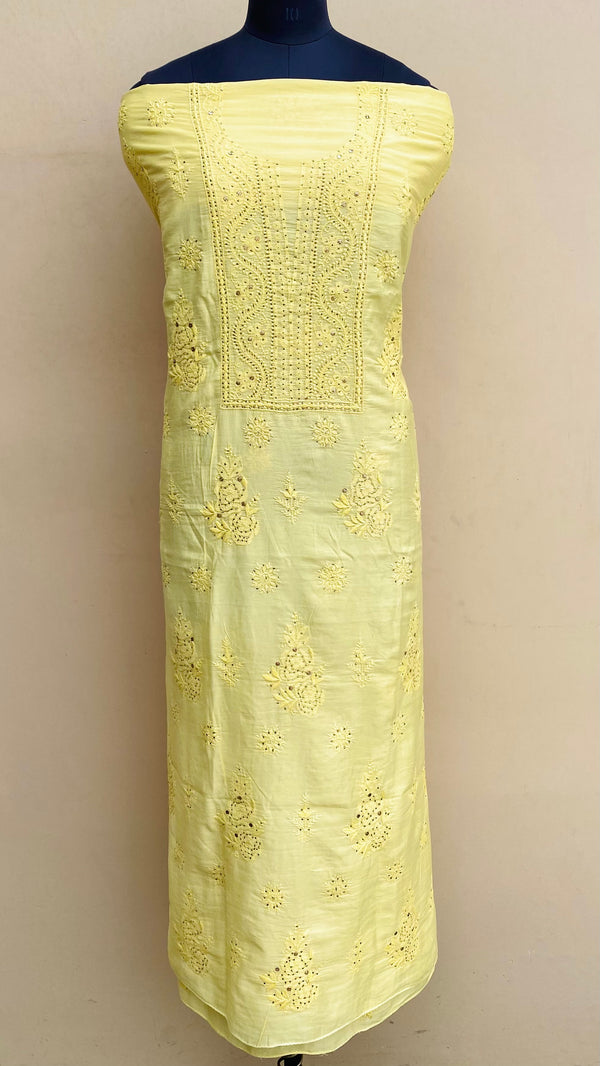 Lucknowi Chikankari Kurta Length 2 Piece Lemon Yellow Muslin With Mukaish Work