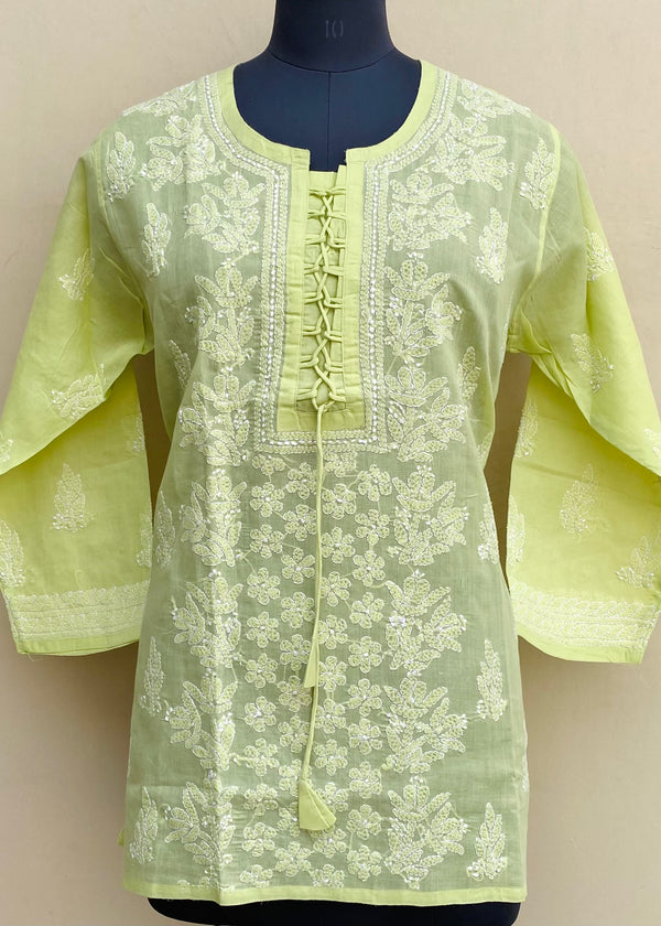 Lucknowi Chikankari Short Kurti Parrot Green Cotton