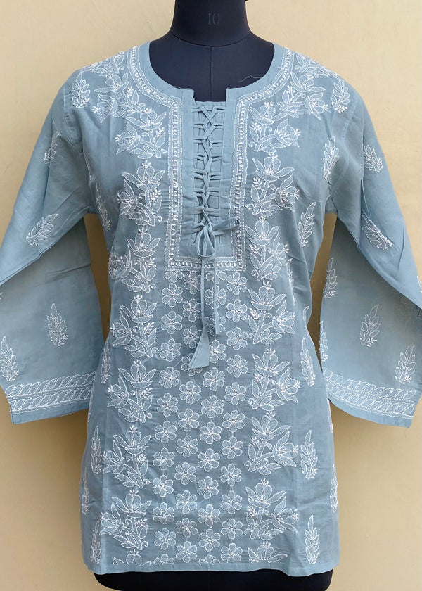 Lucknowi Chikankari Short Kurti Gray Cotton