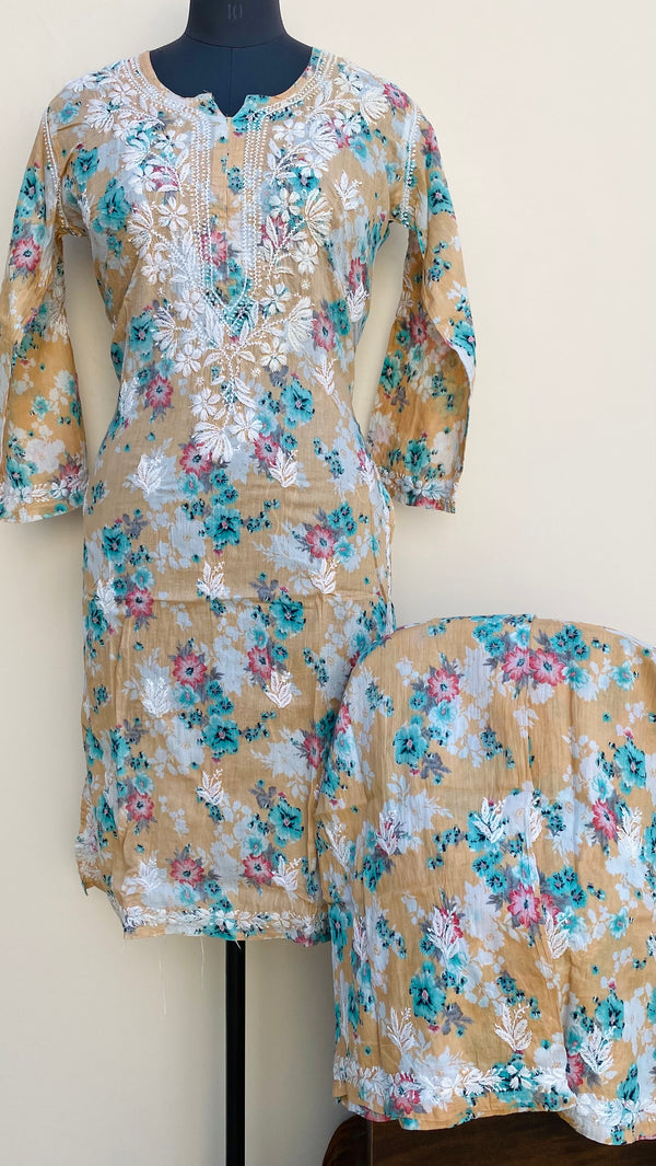 Lucknowi Chikankari Printed Co-ord Set Peach Mulmul Cotton