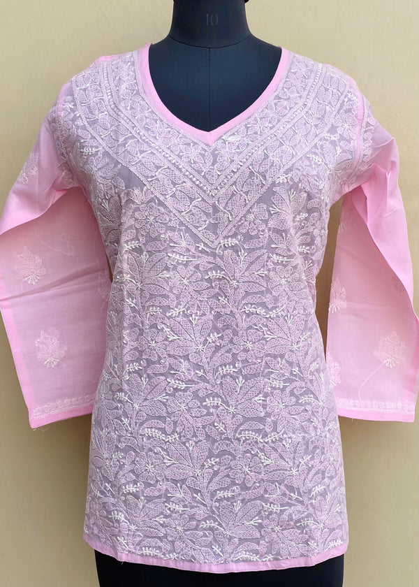 Lucknowi Chikankari Short Kurti Pink Mulmul Cotton