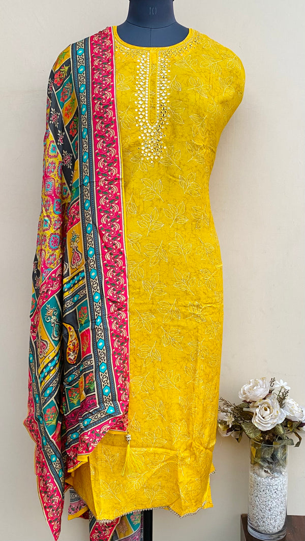 Designer Embroidered Suit Length 3 Piece Yellow Muslin Cotton With Mirror Work