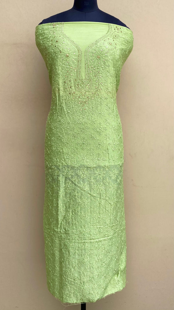 Lucknowi Chikankari Kurta Length 2 Piece Parrot Green Muslin With Mukaish Work