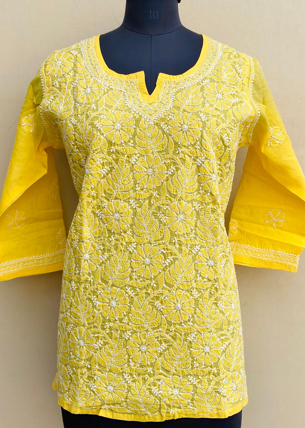 Lucknowi Chikankari Short Kurti Yellow Cotton