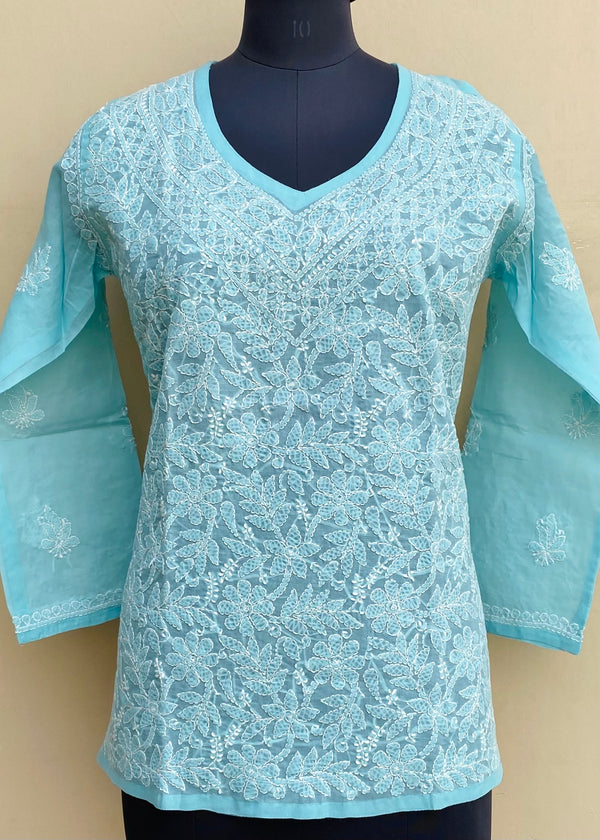 Lucknowi Chikankari Short Kurti Blue Cotton