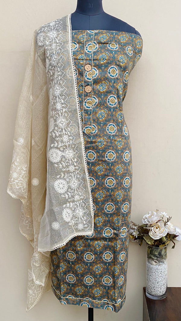 Designer Embroidered Suit Length 3 Piece Brown Muslin Cotton