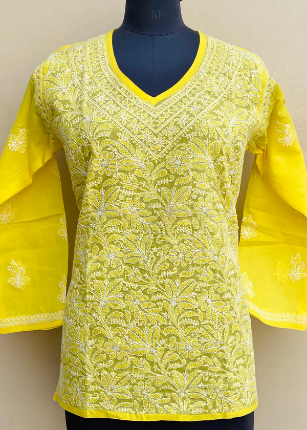 Lucknowi Chikankari Short Kurti Yellow Cotton