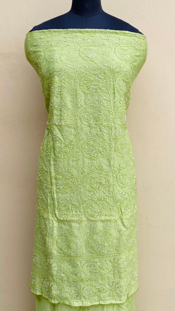 Lucknowi Chikankari Kurta Length 2 Piece Parrot Green Muslin With Pearl & Sequence Work