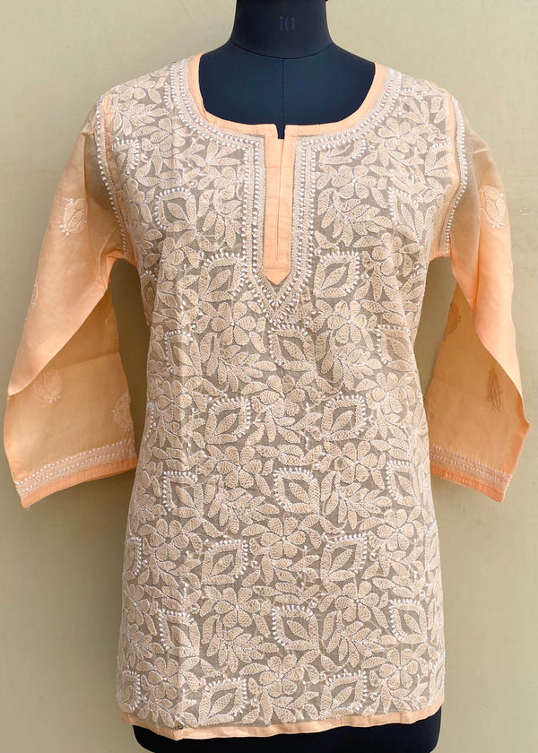 Lucknowi Chikankari Short Kurti Peach Cotton