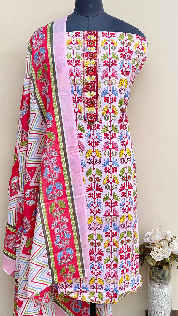 Designer Embroidered Suit Length 3 Piece Pink Mal Cotton With Cutdana Work