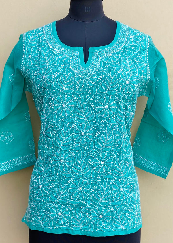 Lucknowi Chikankari Short Kurti Sea Green Cotton