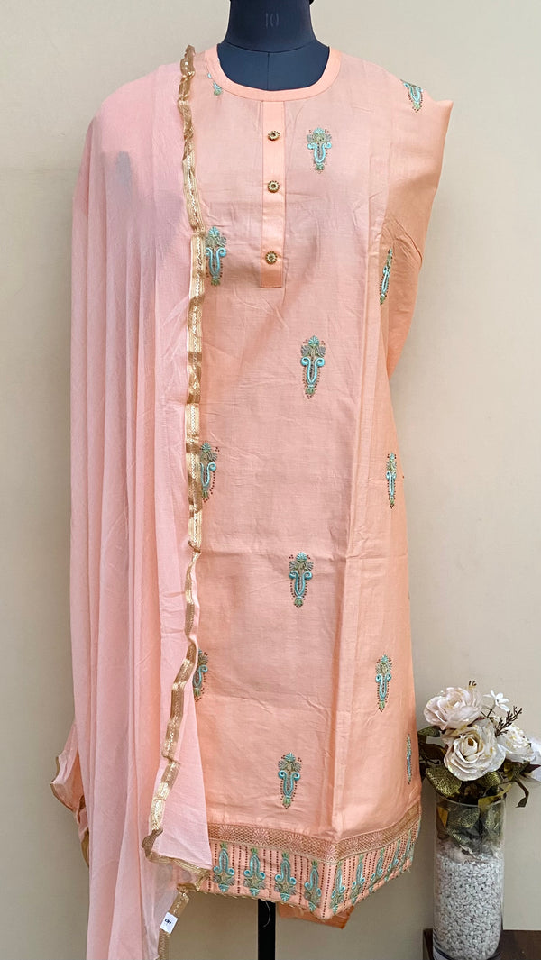 Designer Embroidered Suit Length 3 Piece Peach Mal Cotton