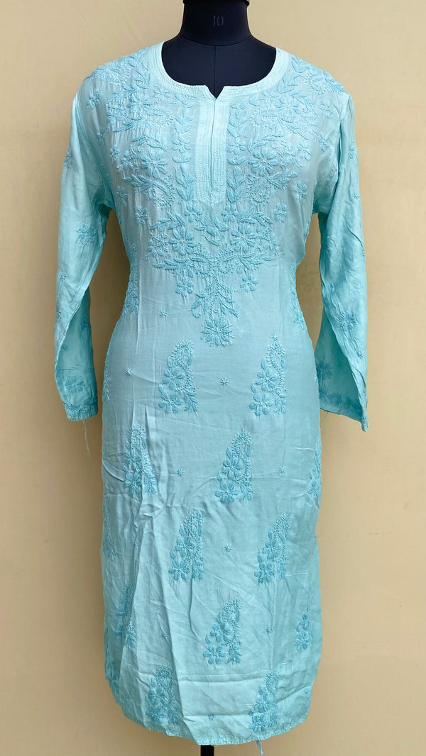 Lucknowi Chikankari Ombre Kurti Blue Muslin Cotton With Self & 3D Work