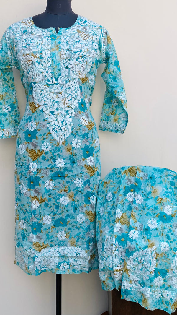 Lucknowi Chikankari Printed Co-ord Set Blue Mulmul Cotton