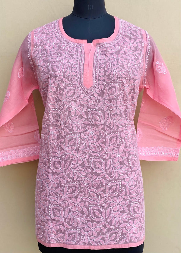 Lucknowi Chikankari Short Kurti Pink Mulmul Cotton