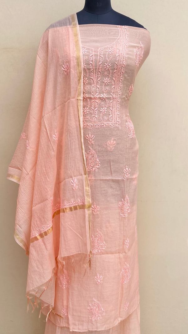 Lucknowi Chikankari Suit Length 2 Piece Peach Mal Chanderi