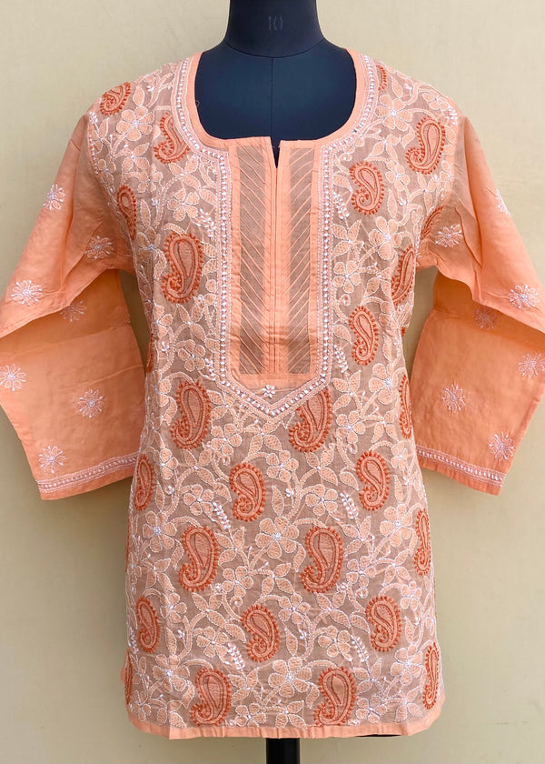 Lucknowi Chikankari Short Kurti Peach Cotton