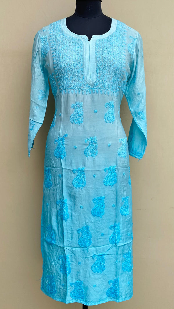 Lucknowi Chikankari Ombre Kurti Blue Muslin Cotton With Self & 3D Work