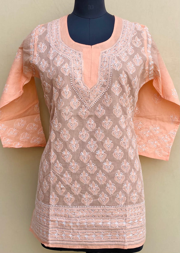 Lucknowi Chikankari Short Kurti Peach Cotton