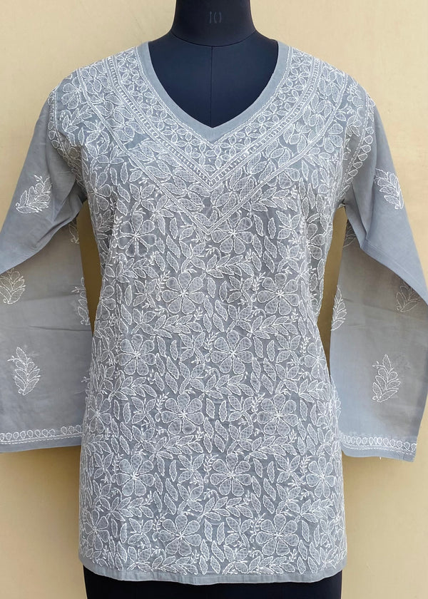 Lucknowi Chikankari Short Kurti Gray Mulmul Cotton