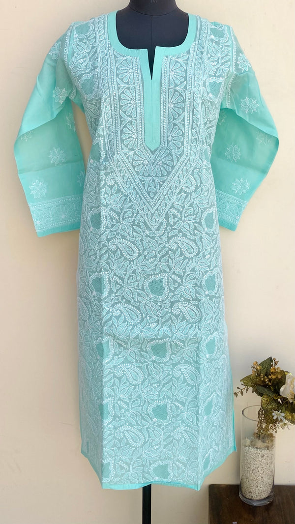 Lucknowi Chikankari Kurti Sea Green Cotton With Jaali Work