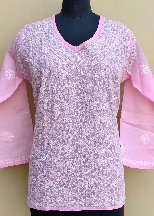 Lucknowi Chikankari Short Kurti Pink Mulmul Cotton