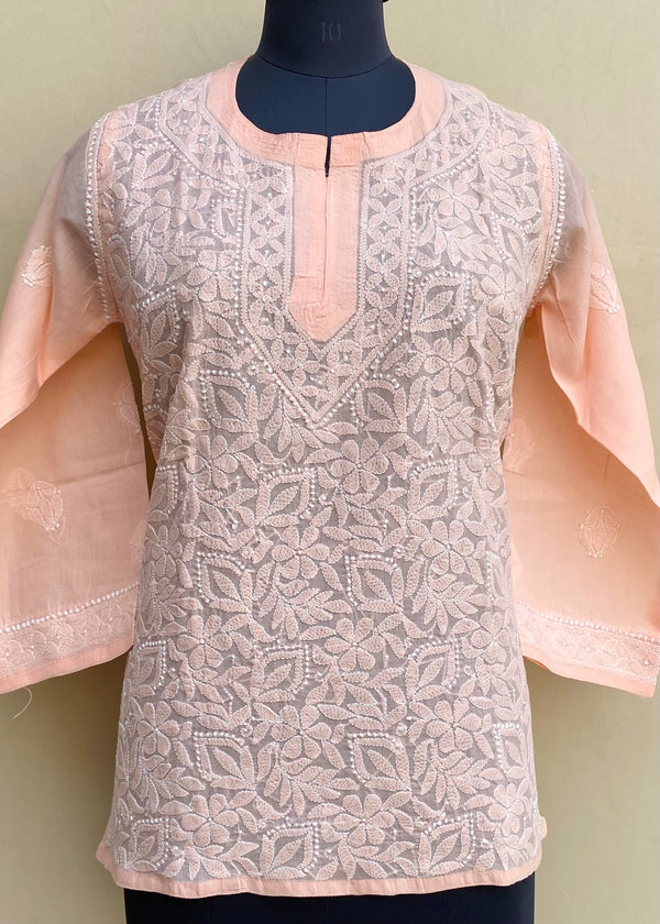 Lucknowi Chikankari Short Kurti Peach Cotton