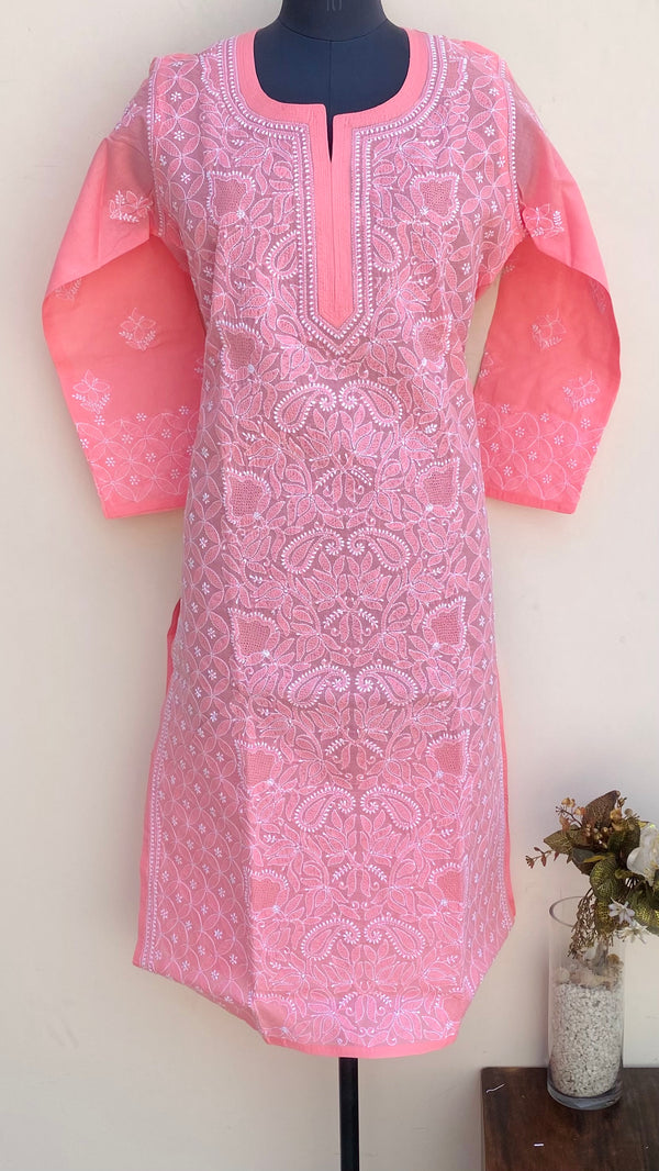 Lucknowi Chikankari Kurti Pink Cotton With Jaali Work