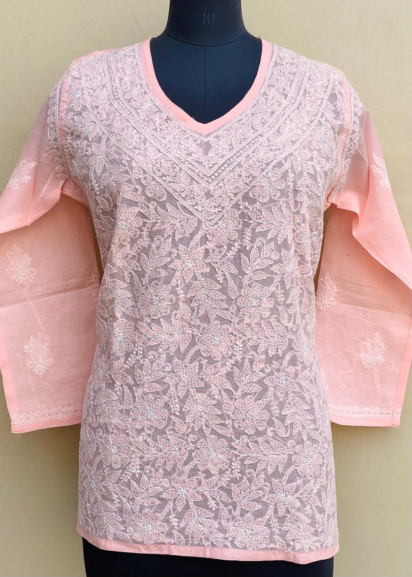 Lucknowi Chikankari Short Kurti Pink Mulmul Cotton