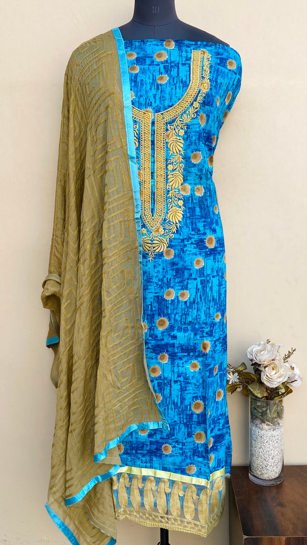 Designer Embroidered Suit Length 3 Piece Blue Mal Cotton