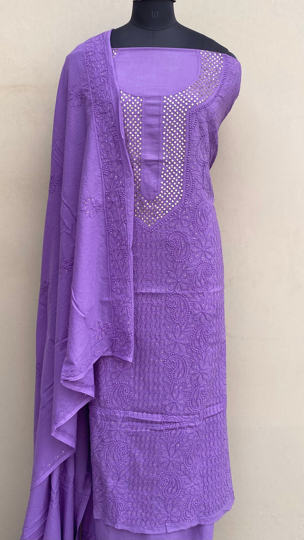 Lucknowi Chikankari Suit Length 2 Piece Purple Mulmul Cotton With Mukaish Work