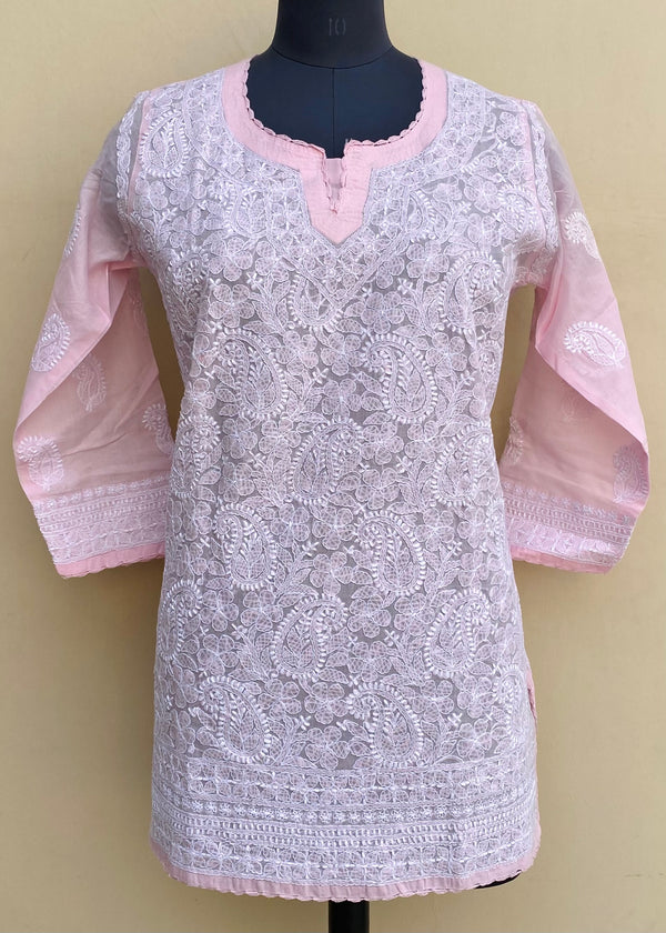 Lucknowi Chikankari Short Kurti Pink Cotton