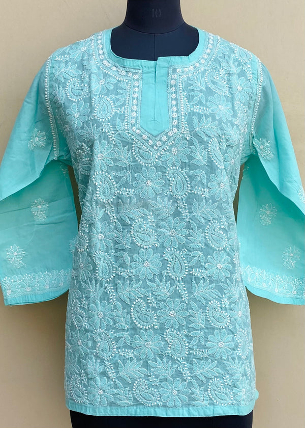 Lucknowi Chikankari Short Kurti Sea Green Cotton