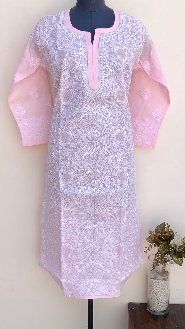 Lucknowi Chikankari Kurti Pink Cotton With Jaali Work