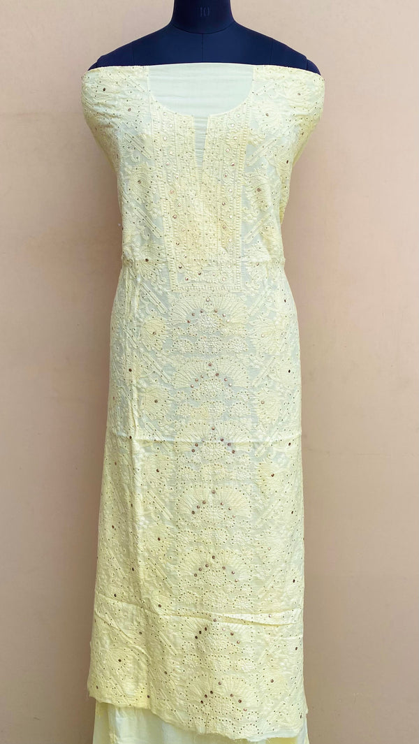 Lucknowi Chikankari Suit Length 2 Piece Lemon Yellow Mulmul Cotton With Mukaish Work (Without Dupatta )