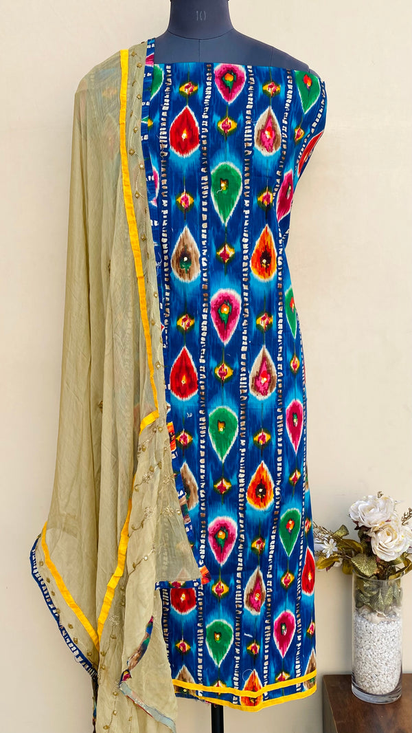 Designer Embroidered Suit Length 3 Piece Blue Mal Cotton