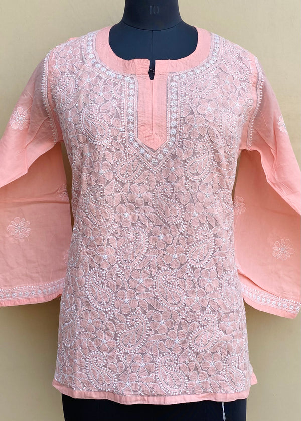 Lucknowi Chikankari Short Kurti Peach Cotton