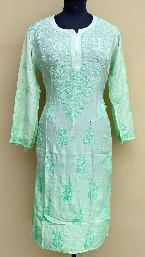 Lucknowi Chikankari Ombre Kurti Green Muslin Cotton With Self & 3D Work