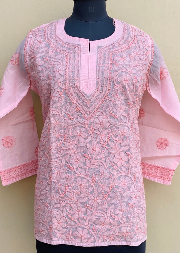 Lucknowi Chikankari Short Kurti Pink Cotton