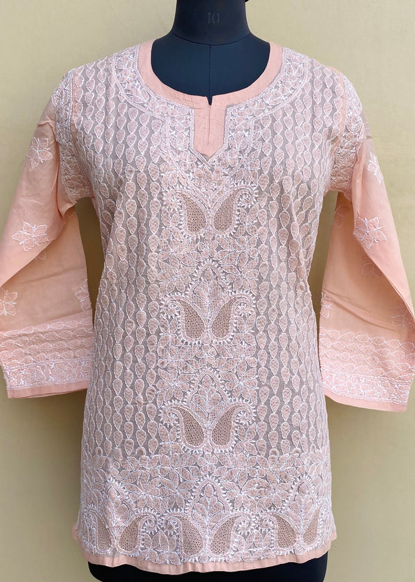 Lucknowi Chikankari Short Kurti Peach Mulmul Cotton With Jaali Work