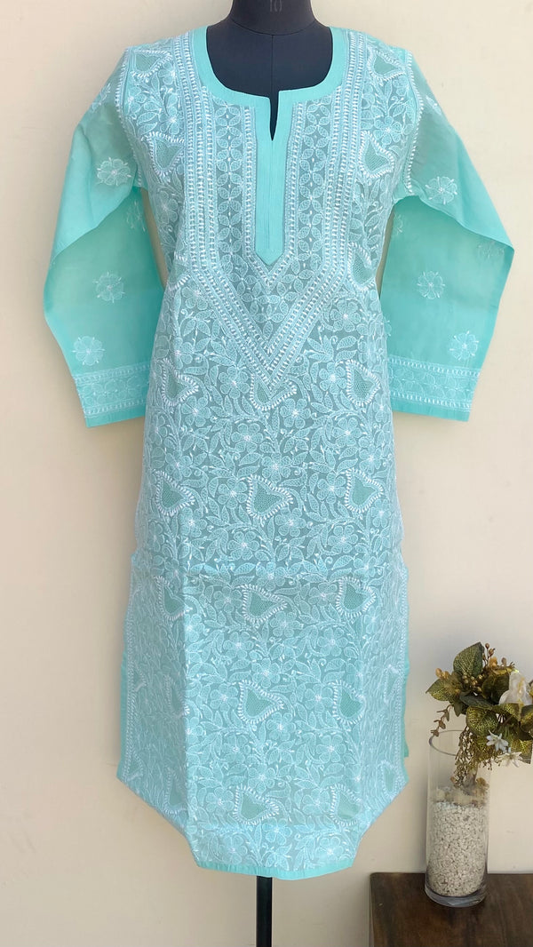 Lucknowi Chikankari Kurti Sea Green Cotton With Jaali Work