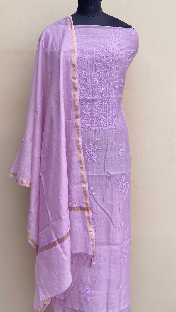 Lucknowi Chikankari Suit Length 2 Piece Purple Mal Chanderi