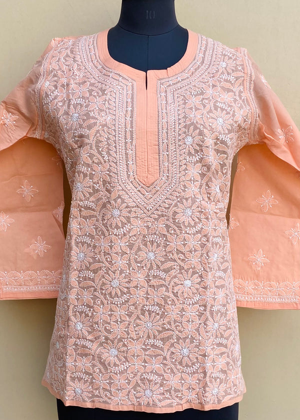 Lucknowi Chikankari Short Kurti Peach Cotton