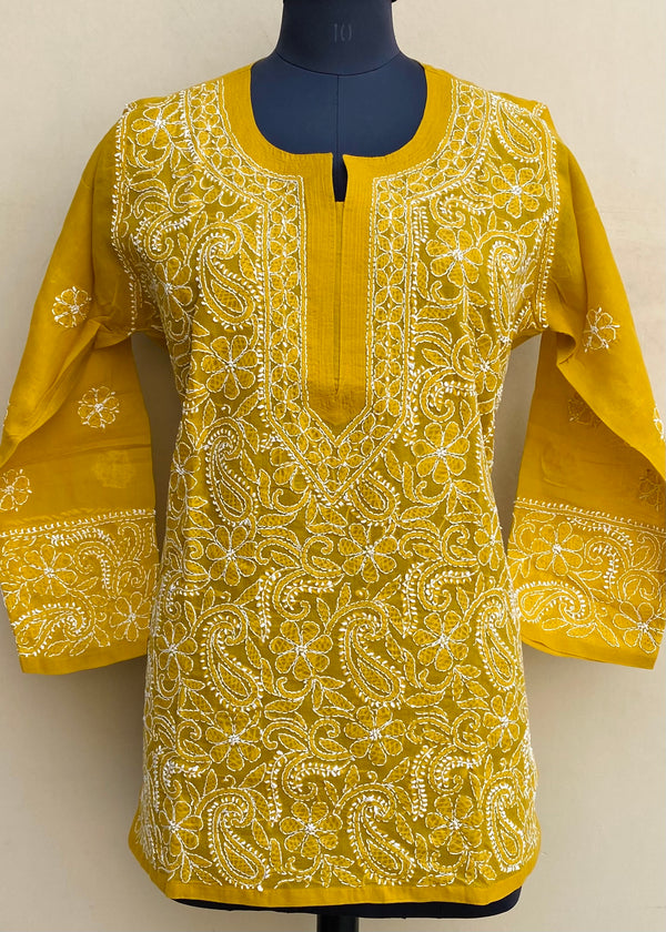 Lucknowi Chikankari Short Kurti Mustard Cotton