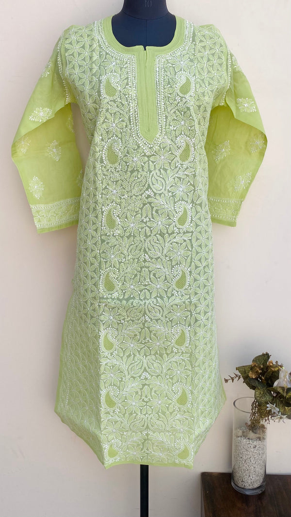 Lucknowi Chikankari Kurti Parrot Green Cotton With Jaali Work