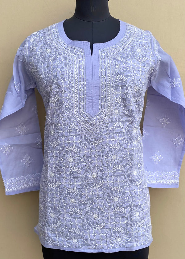 Lucknowi Chikankari Short Kurti Purple Cotton